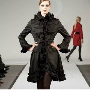 Samuel Dong Black Ruffle Taffeta Trench Coat Dress Women's Size Small